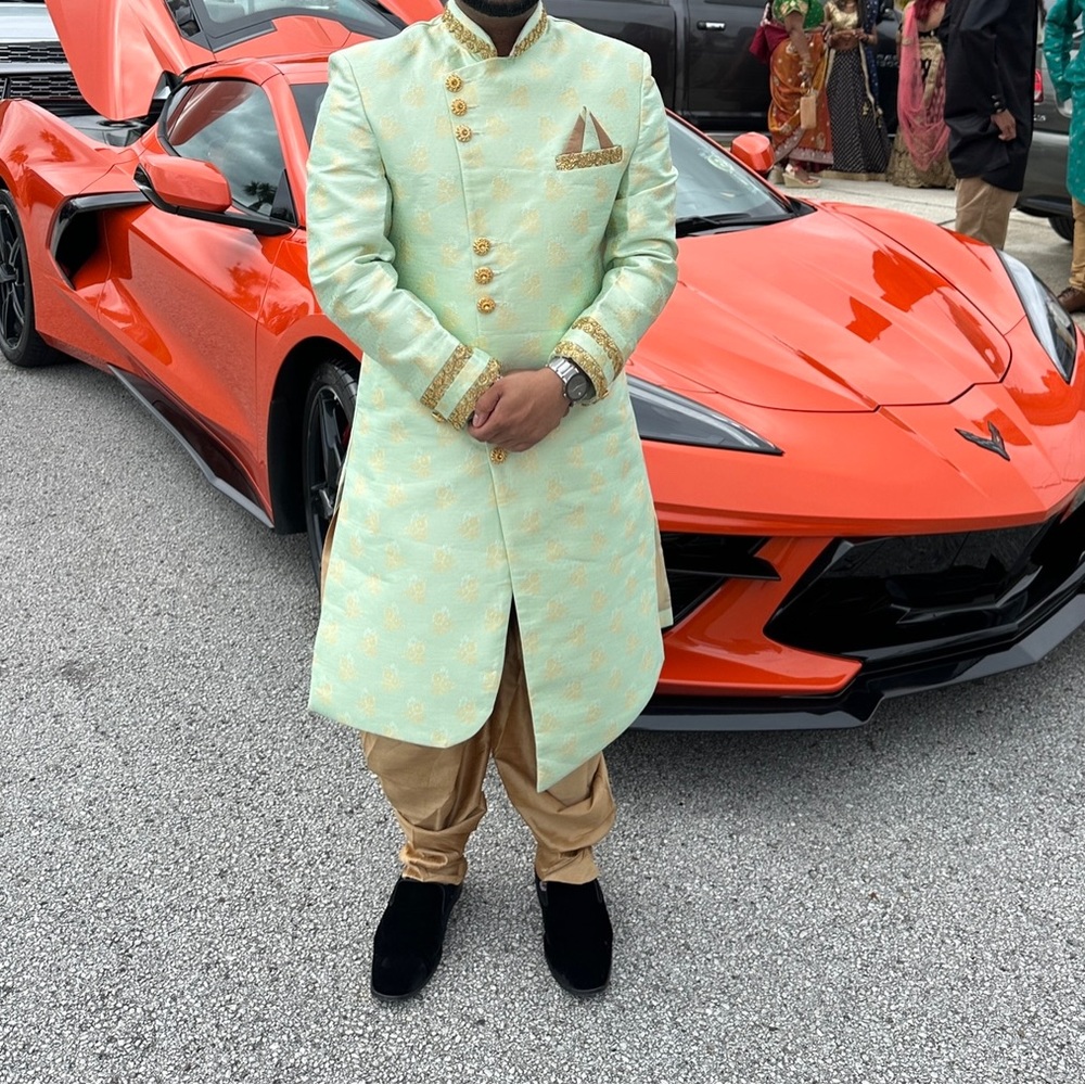 Light green gold men’s wedding sherwani